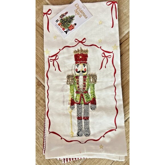 CHRISTMAS NUTCRACKER Dish Kitchen Towel S/2 Embroidered BEADED Green Jacket GIFT - Picture 1 of 10